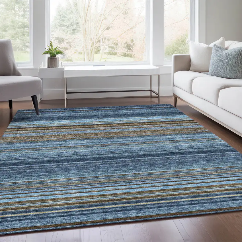 Navy Blue Brown And Taupe Striped Washable Area Rug With UV Protection Photo 4