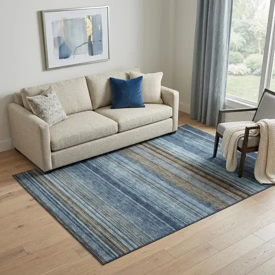 Navy Blue Brown And Taupe Striped Washable Area Rug With UV Protection Photo 1