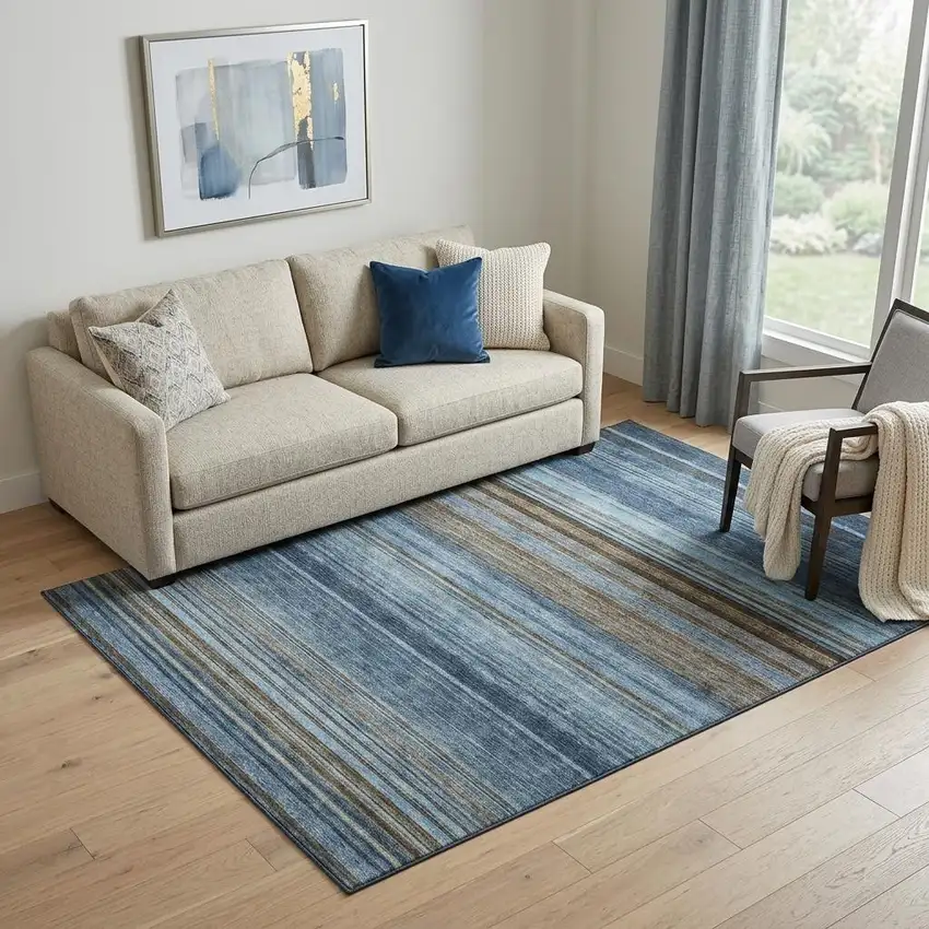 Navy Blue Brown And Taupe Striped Washable Area Rug With UV Protection Photo 1