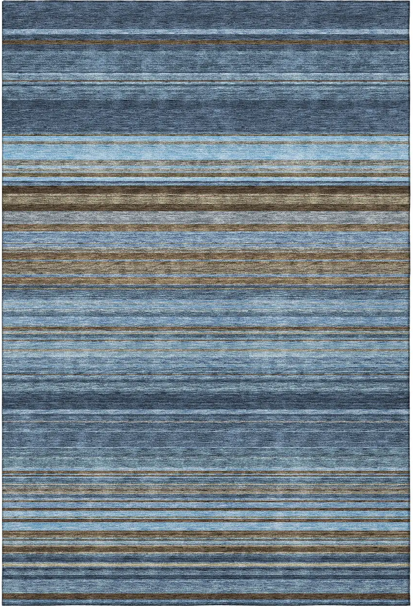 Navy Blue Brown And Taupe Striped Washable Area Rug With UV Protection Photo 3