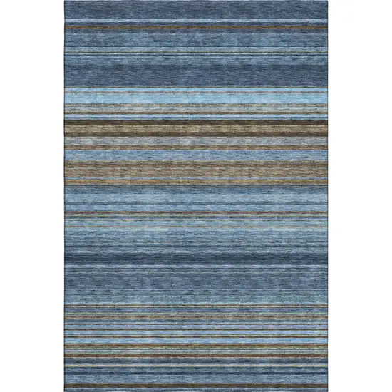 Navy Blue Brown And Taupe Striped Washable Area Rug With UV Protection Photo 1