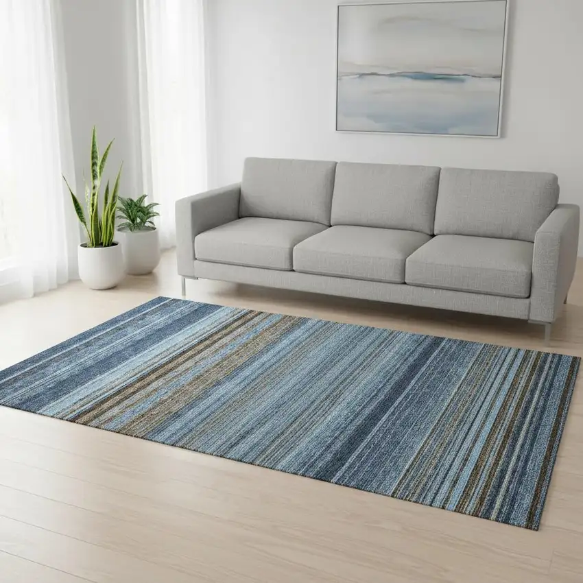 Navy Blue Brown And Taupe Striped Washable Area Rug With UV Protection Photo 2