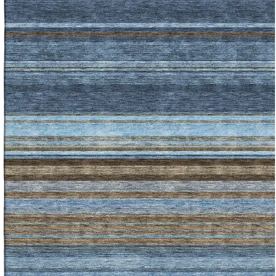 Navy Blue Brown And Taupe Striped Washable Area Rug With UV Protection Photo 2