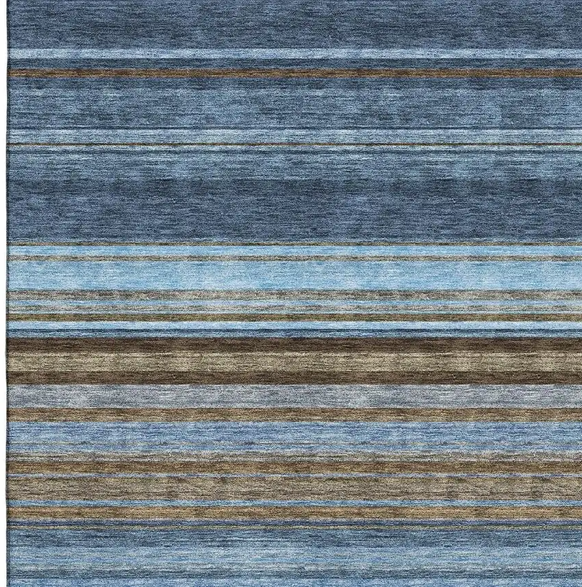 Navy Blue Brown And Taupe Striped Washable Area Rug With UV Protection Photo 2