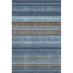 Photo of Navy Blue Brown And Taupe Striped Washable Area Rug With UV Protection