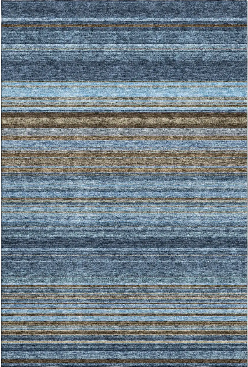 Navy Blue Brown And Taupe Striped Washable Area Rug With UV Protection Photo 1