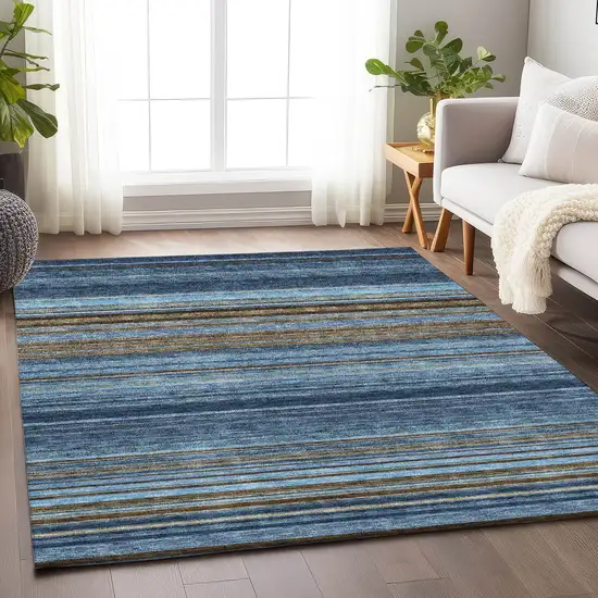 Navy Blue Brown And Taupe Striped Washable Area Rug With UV Protection Photo 4