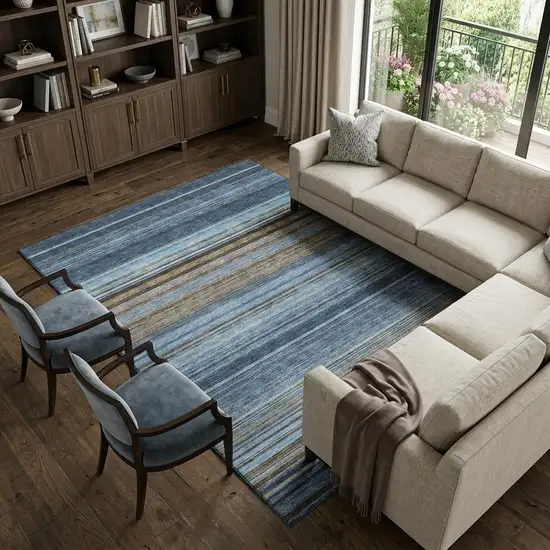 Navy Blue Brown And Taupe Striped Washable Area Rug With UV Protection Photo 1