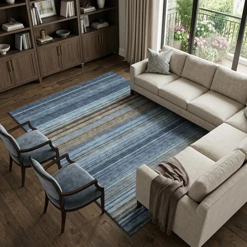 Navy Blue Brown And Taupe Striped Washable Area Rug With UV Protection Photo 1
