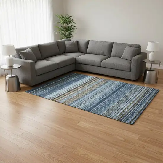 Navy Blue Brown And Taupe Striped Washable Area Rug With UV Protection Photo 2