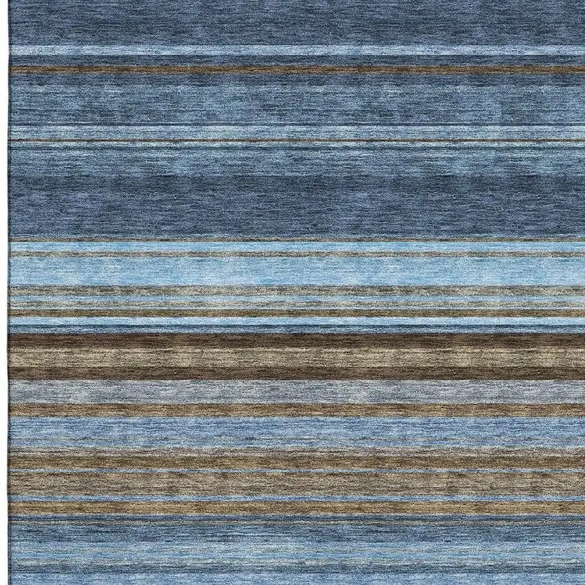 Navy Blue Brown And Taupe Striped Washable Area Rug With UV Protection Photo 2