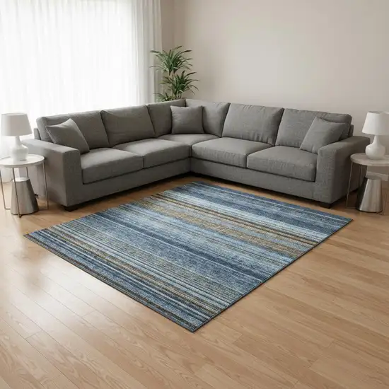 Navy Blue Brown And Taupe Striped Washable Area Rug With UV Protection Photo 2