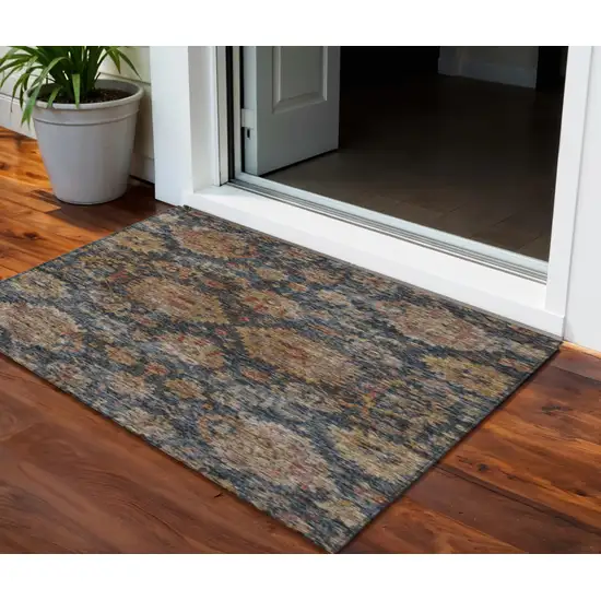 Navy Blue Brown And Terra Cotta Damask Washable Indoor Outdoor Area Rug Photo 1