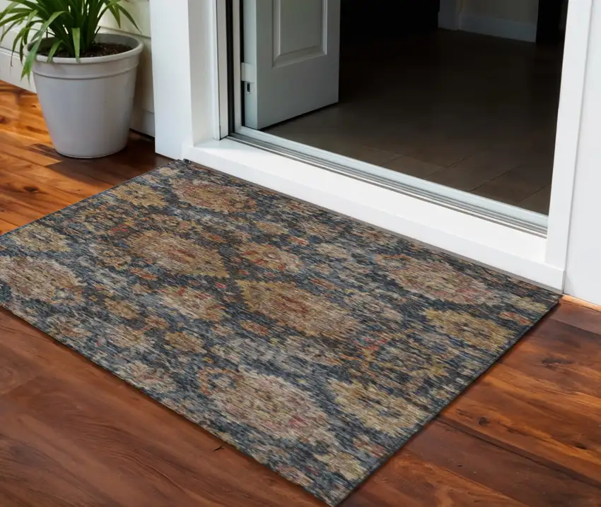 Navy Blue Brown And Terra Cotta Damask Washable Indoor Outdoor Area Rug Photo 1