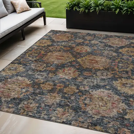 Navy Blue Brown And Terra Cotta Damask Washable Indoor Outdoor Area Rug Photo 1
