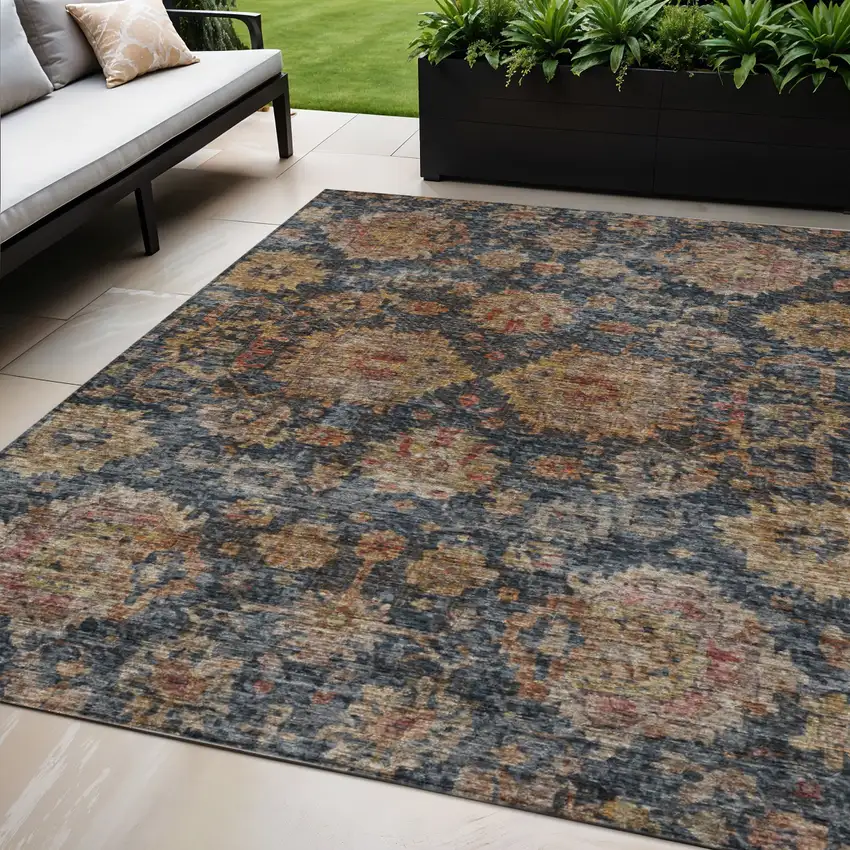 Navy Blue Brown And Terra Cotta Damask Washable Indoor Outdoor Area Rug Photo 1