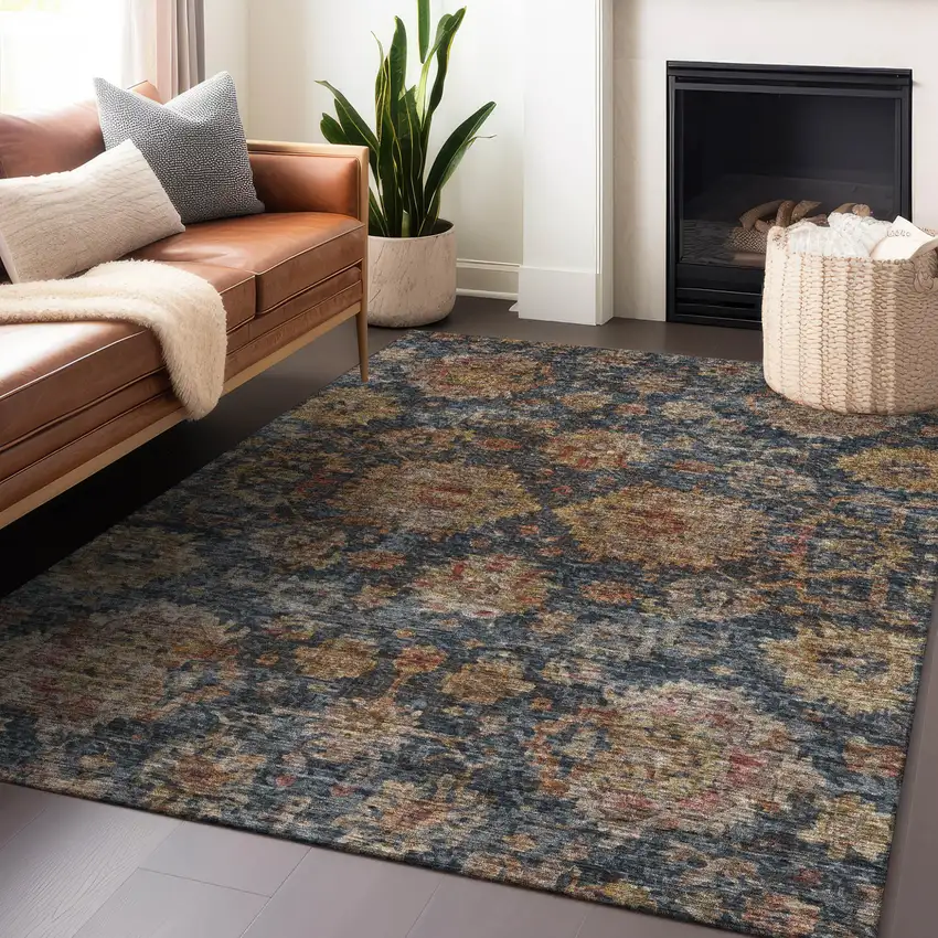 Navy Blue Brown And Terra Cotta Damask Washable Indoor Outdoor Area Rug Photo 8