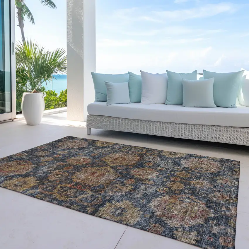 Navy Blue Brown And Terra Cotta Damask Washable Indoor Outdoor Area Rug Photo 7
