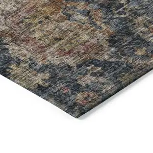 Photo of Navy Blue Brown And Terra Cotta Damask Washable Indoor Outdoor Area Rug