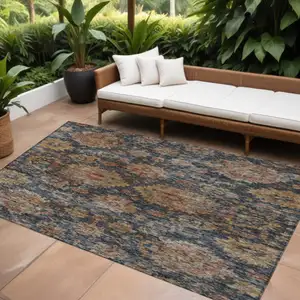 Photo of Navy Blue Brown And Terra Cotta Damask Washable Indoor Outdoor Area Rug