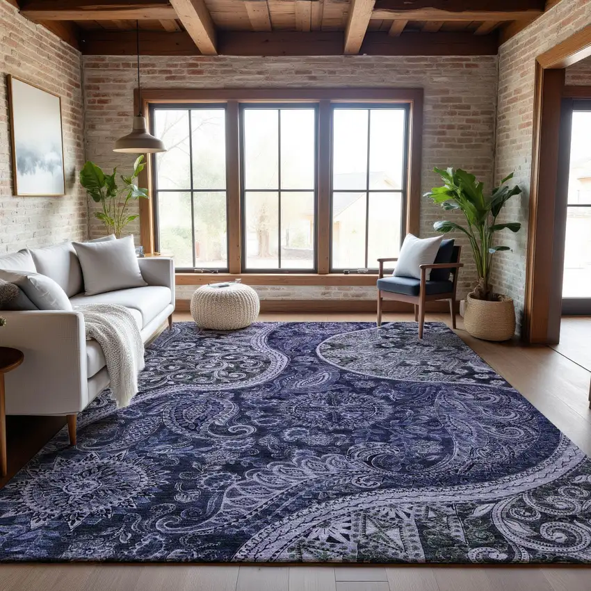 Navy Blue Charcoal And Gray Paisley Washable Area Rug With UV Protection Photo 3