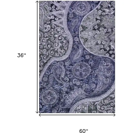 Navy Blue Charcoal And Gray Paisley Washable Area Rug With UV Protection Photo 9
