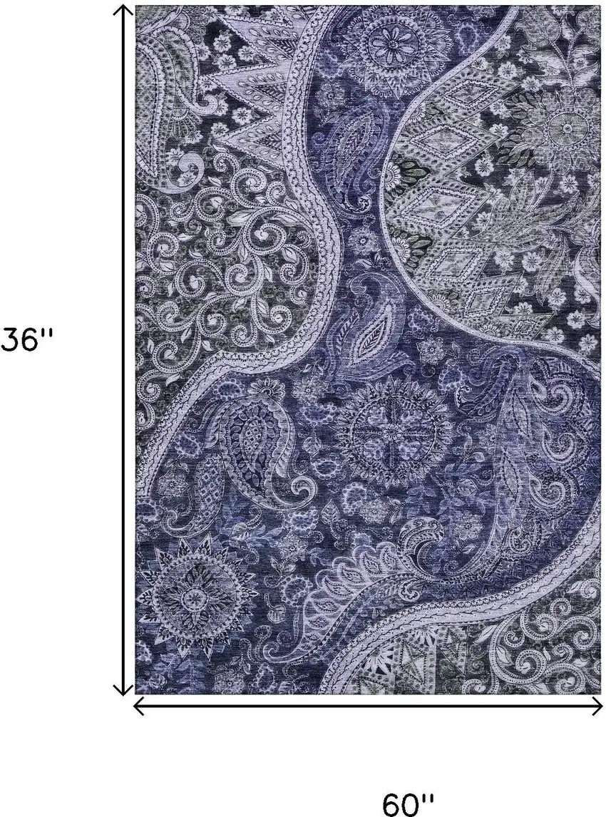 Navy Blue Charcoal And Gray Paisley Washable Area Rug With UV Protection Photo 9
