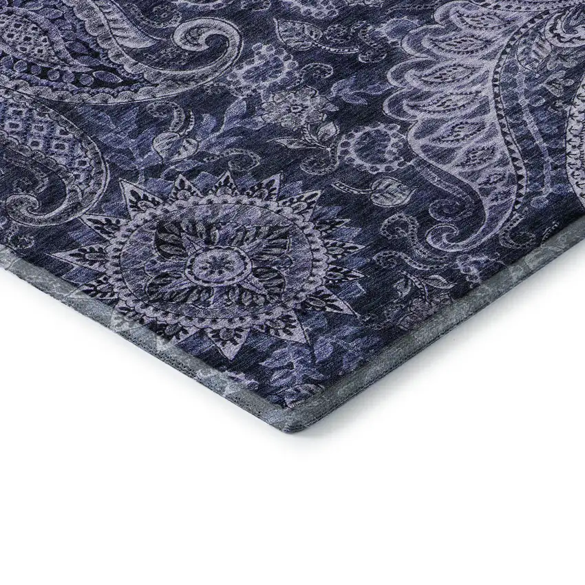 Navy Blue Charcoal And Gray Paisley Washable Area Rug With UV Protection Photo 7