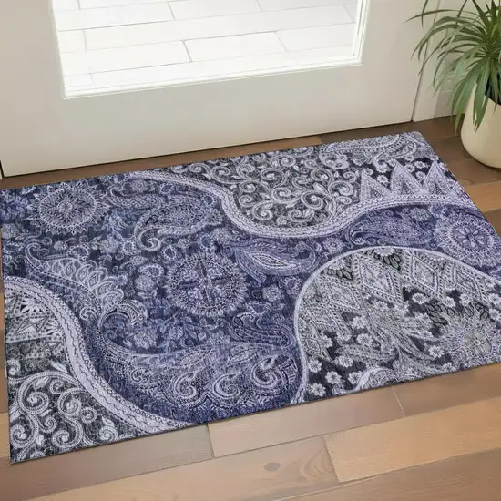 Navy Blue Charcoal And Gray Paisley Washable Area Rug With UV Protection Photo 1