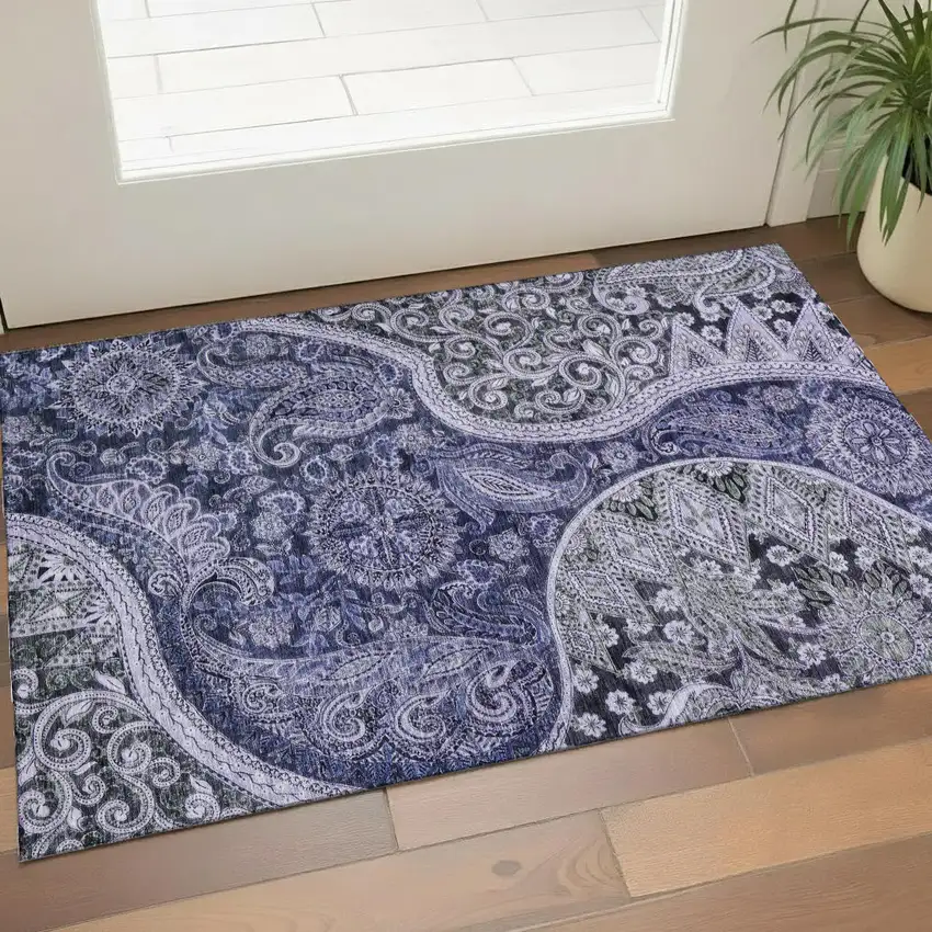 Navy Blue Charcoal And Gray Paisley Washable Area Rug With UV Protection Photo 1