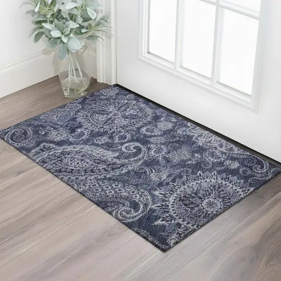 Navy Blue Charcoal And Gray Paisley Washable Area Rug With UV Protection Photo 2