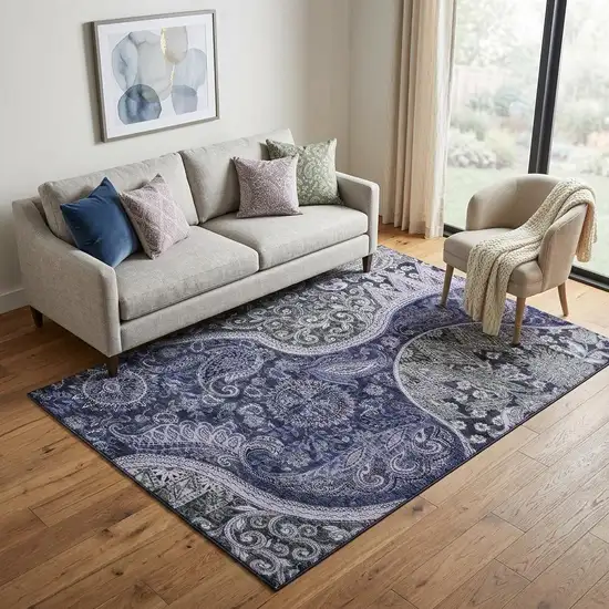 Navy Blue Charcoal And Gray Paisley Washable Area Rug With UV Protection Photo 1