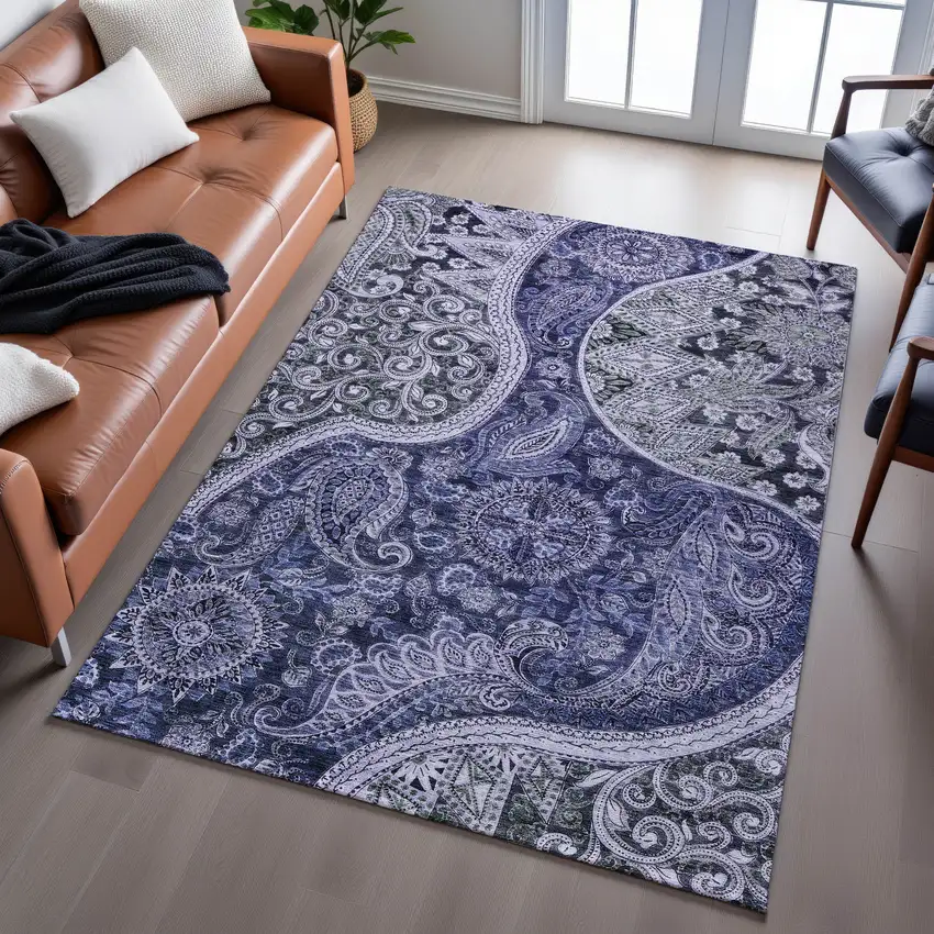 Navy Blue Charcoal And Gray Paisley Washable Area Rug With UV Protection Photo 5