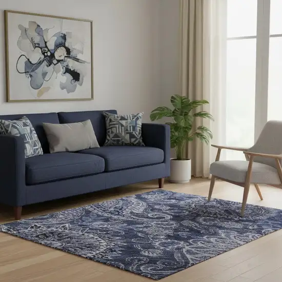 Navy Blue Charcoal And Gray Paisley Washable Area Rug With UV Protection Photo 2