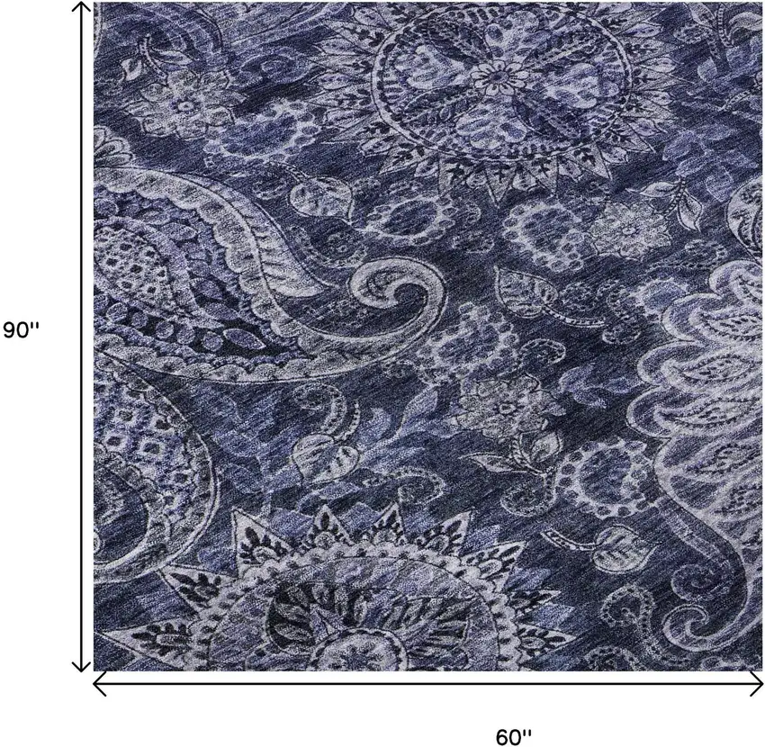 Navy Blue Charcoal And Gray Paisley Washable Area Rug With UV Protection Photo 9