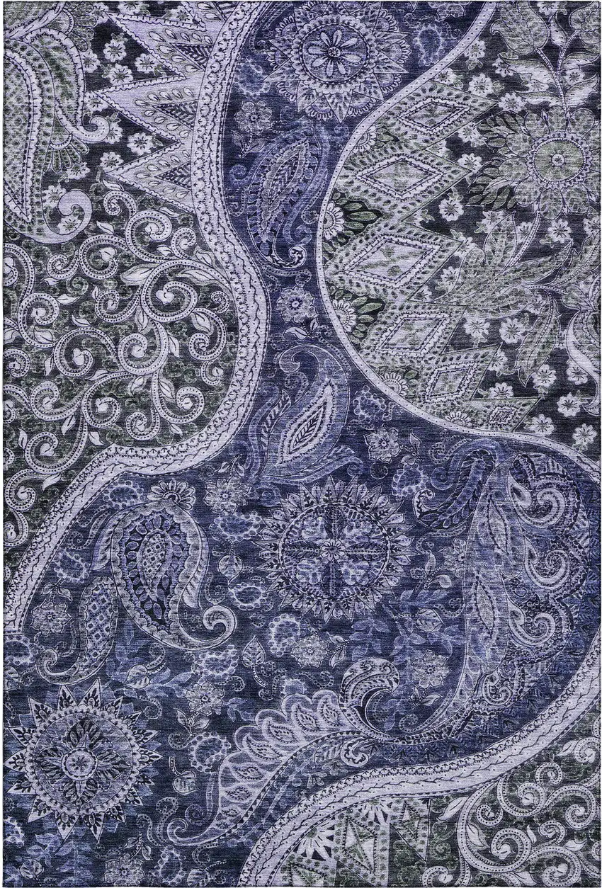 Navy Blue Charcoal And Gray Paisley Washable Area Rug With UV Protection Photo 5