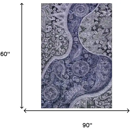 Navy Blue Charcoal And Gray Paisley Washable Area Rug With UV Protection Photo 6