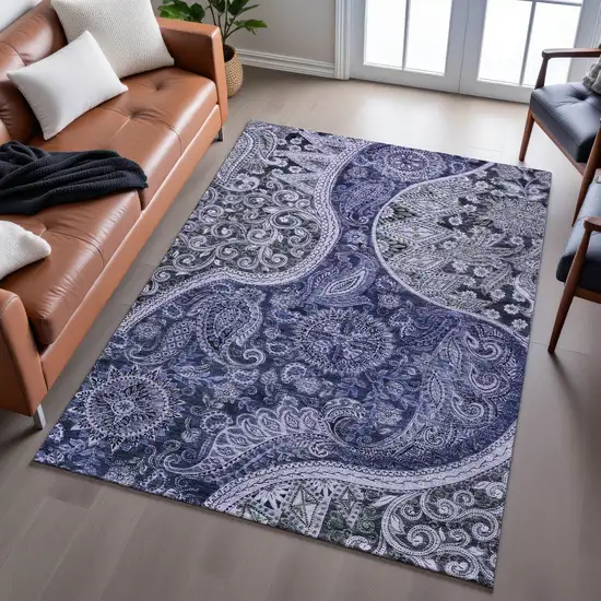 Navy Blue Charcoal And Gray Paisley Washable Area Rug With UV Protection Photo 3