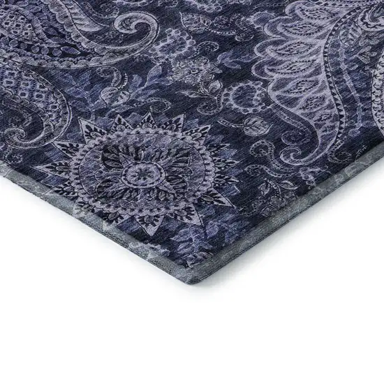 Navy Blue Charcoal And Gray Paisley Washable Area Rug With UV Protection Photo 6