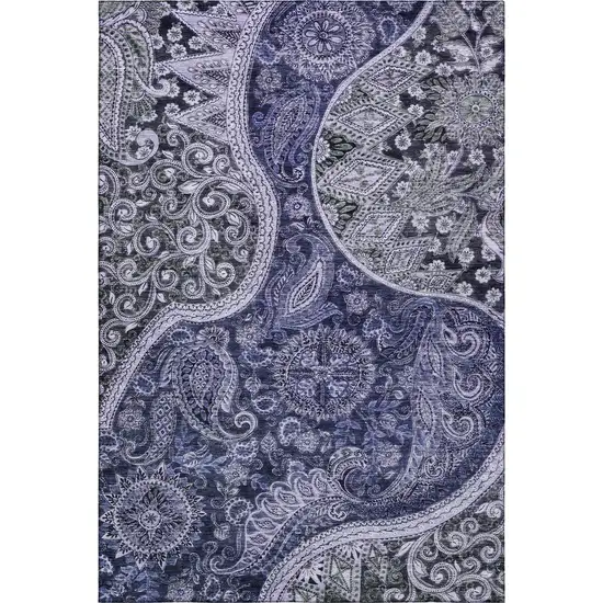 Navy Blue Charcoal And Gray Paisley Washable Area Rug With UV Protection Photo 4