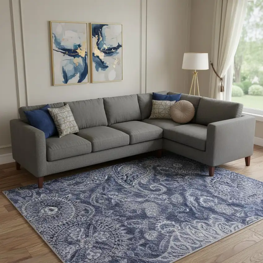 Navy Blue Charcoal And Gray Paisley Washable Area Rug With UV Protection Photo 2