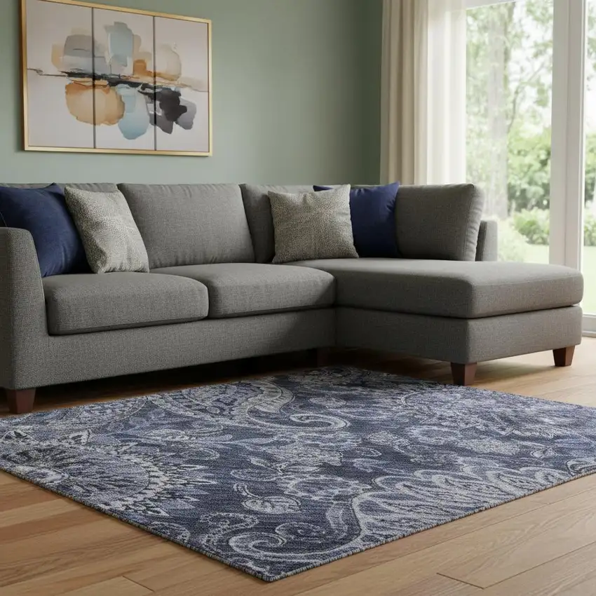 Navy Blue Charcoal And Gray Paisley Washable Area Rug With UV Protection Photo 2