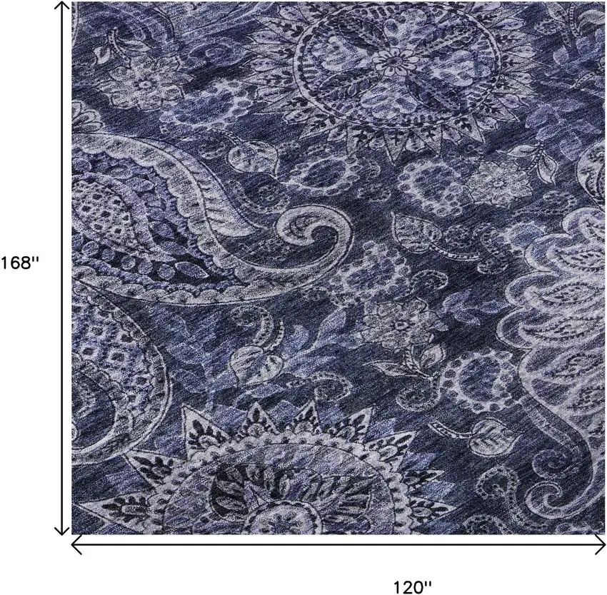 Navy Blue Charcoal And Gray Paisley Washable Area Rug With UV Protection Photo 9
