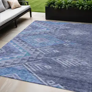 Photo of Navy Blue Charcoal And Gray Southwestern Washable Indoor Outdoor Area Rug