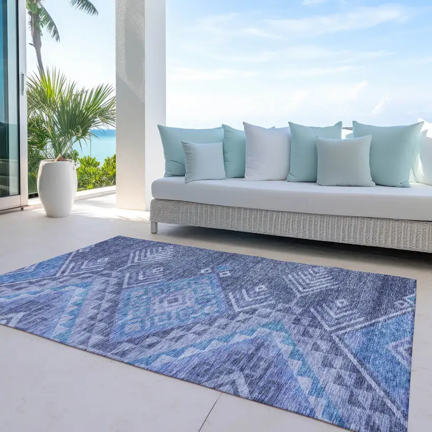 Navy Blue Charcoal And Gray Southwestern Washable Indoor Outdoor Area Rug Photo 7