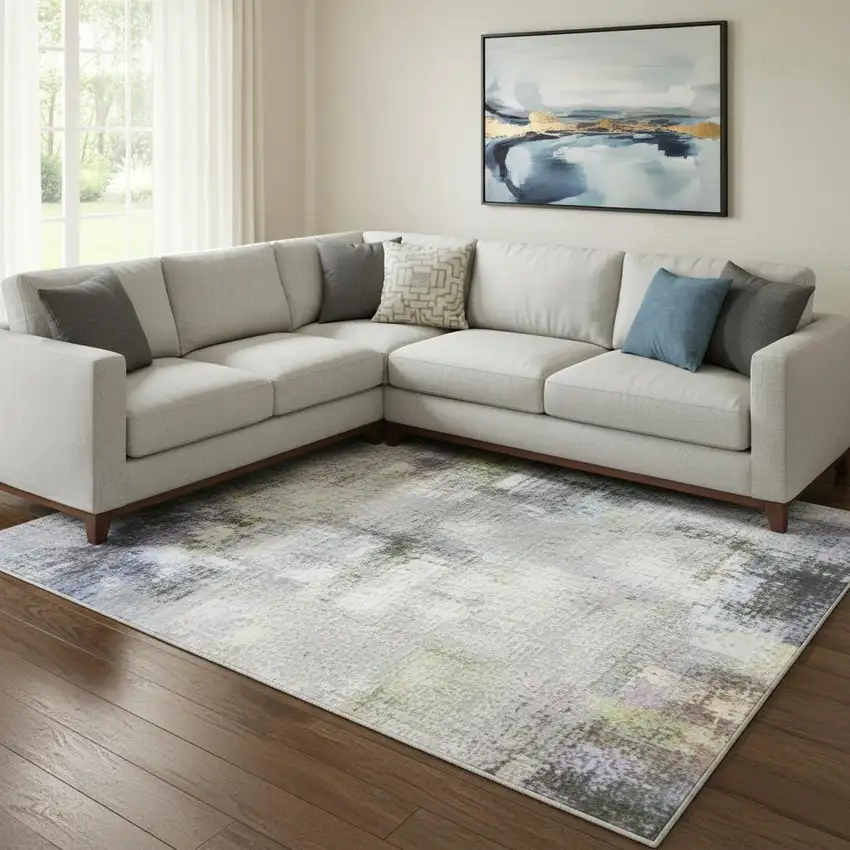 Navy Blue Charcoal And Ivory Abstract Washable Area Rug With UV Protection Photo 2