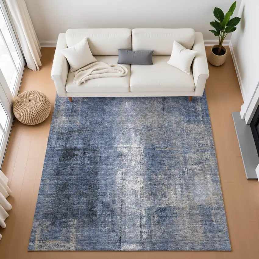 Navy Blue Charcoal And Ivory Abstract Washable Area Rug With UV Protection Photo 5
