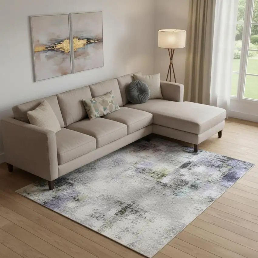 Navy Blue Charcoal And Ivory Abstract Washable Area Rug With UV Protection Photo 2