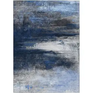 Photo of Navy Blue Charcoal And Ivory Abstract Washable Indoor Outdoor Area Rug