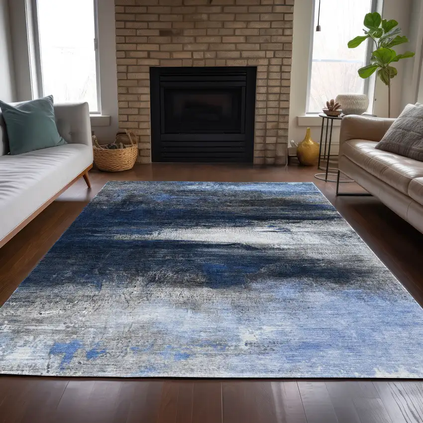 Navy Blue Charcoal And Ivory Abstract Washable Indoor Outdoor Area Rug Photo 7